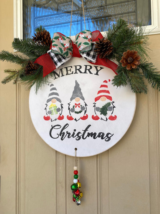 Merry Christmas Gnome Wooden Welcome Door Sign with Jingle Bells