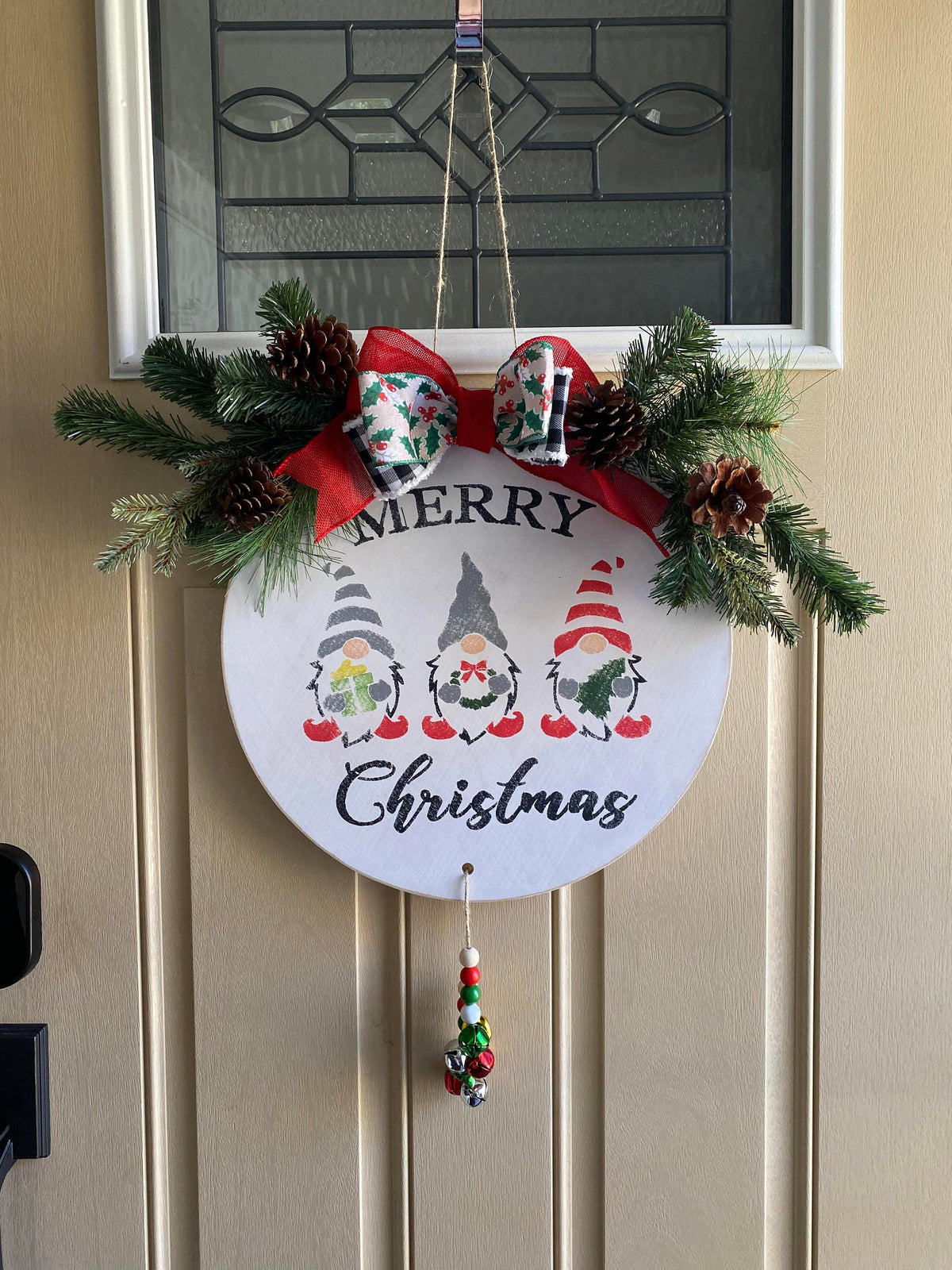 Merry Christmas Gnome Wooden Welcome Door Sign with Jingle Bells