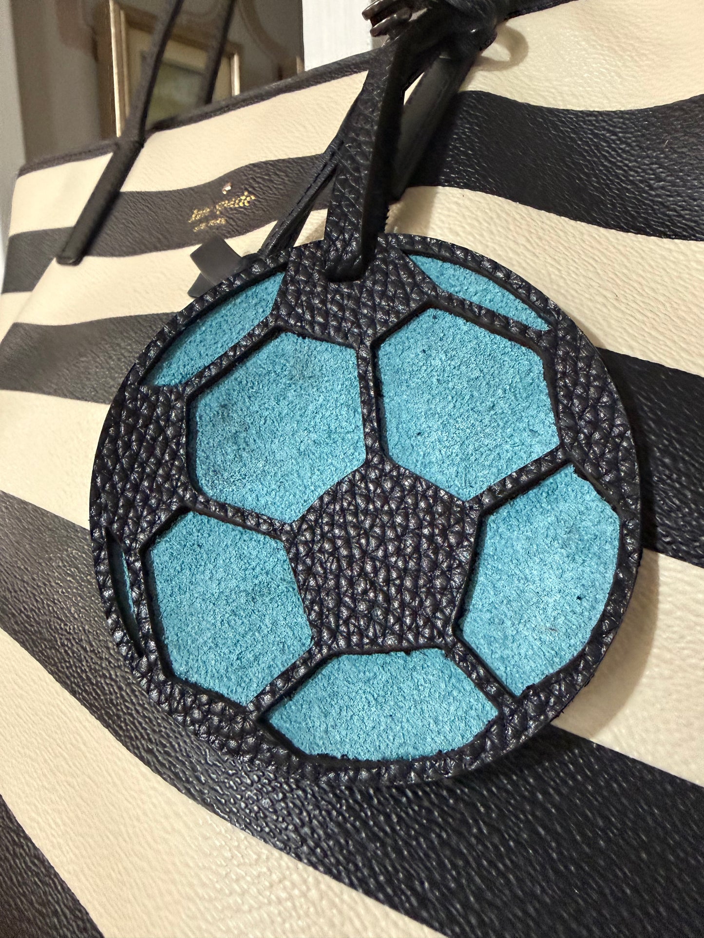 Soccer Ball Teal Leather Suede Bag Tag Charm