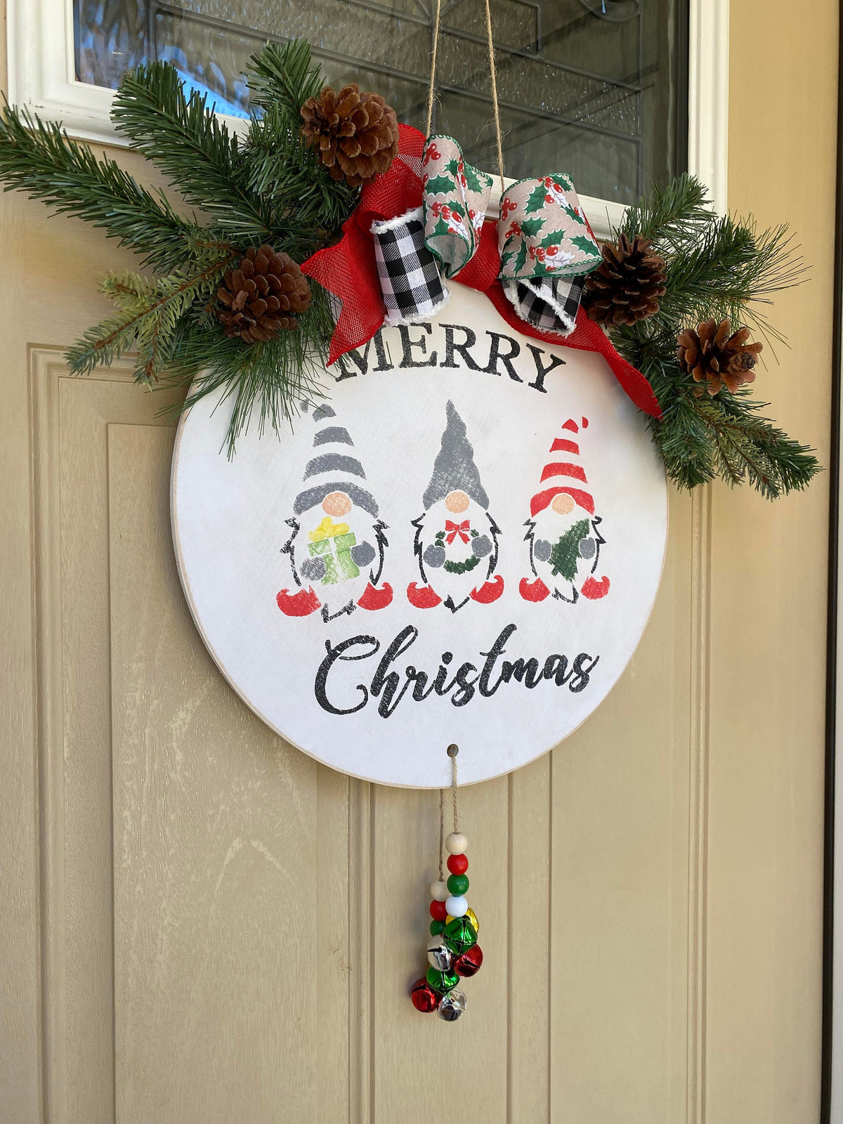 Merry Christmas Gnome Wooden Welcome Door Sign with Jingle Bells