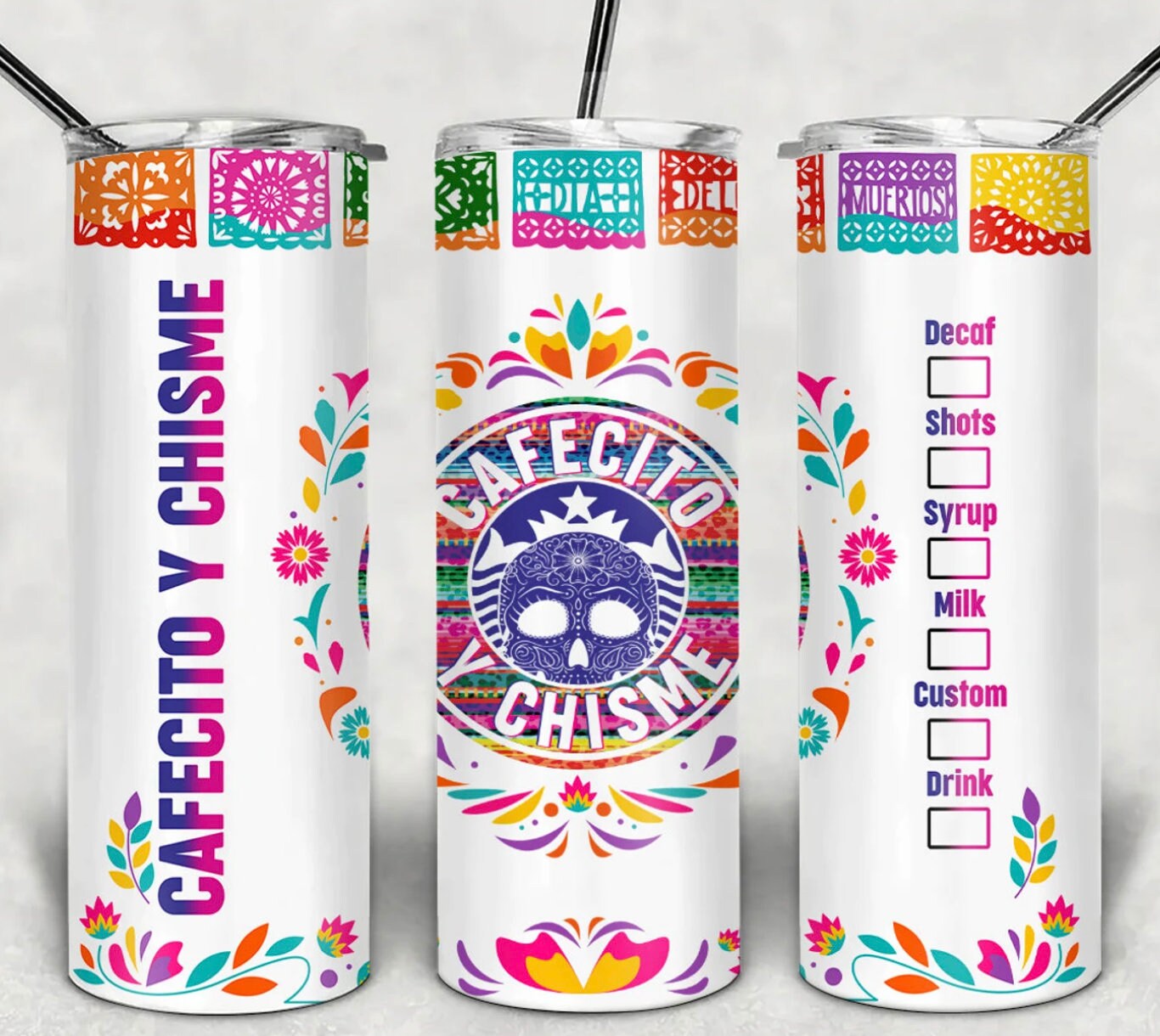 Cafecito and Chisme Papel Picada 20 oz Steel Tumbler with Plastic Straw