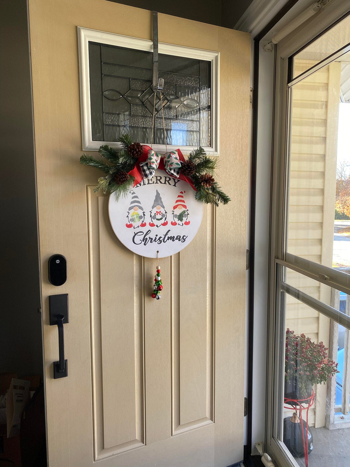 Merry Christmas Gnome Wooden Welcome Door Sign with Jingle Bells