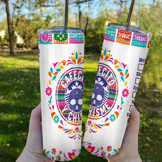 Cafecito and Chisme Papel Picada 20 oz Steel Tumbler with Plastic Straw