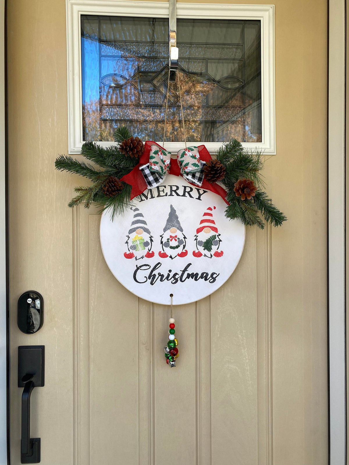 Merry Christmas Gnome Wooden Welcome Door Sign with Jingle Bells