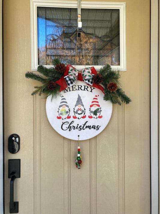 Merry Christmas Gnome Wooden Welcome Door Sign with Jingle Bells