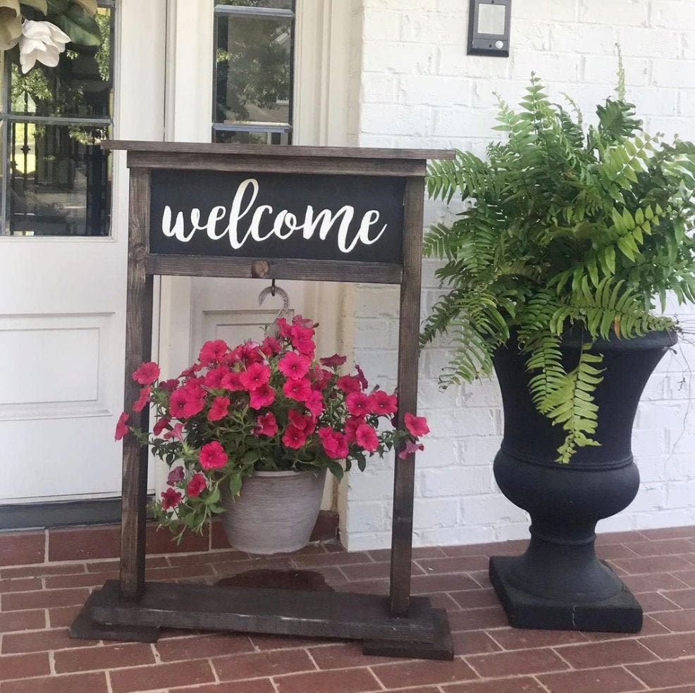 Welcome or Personalized Wood Plant or Wreath Hanger stand for porch or entryway