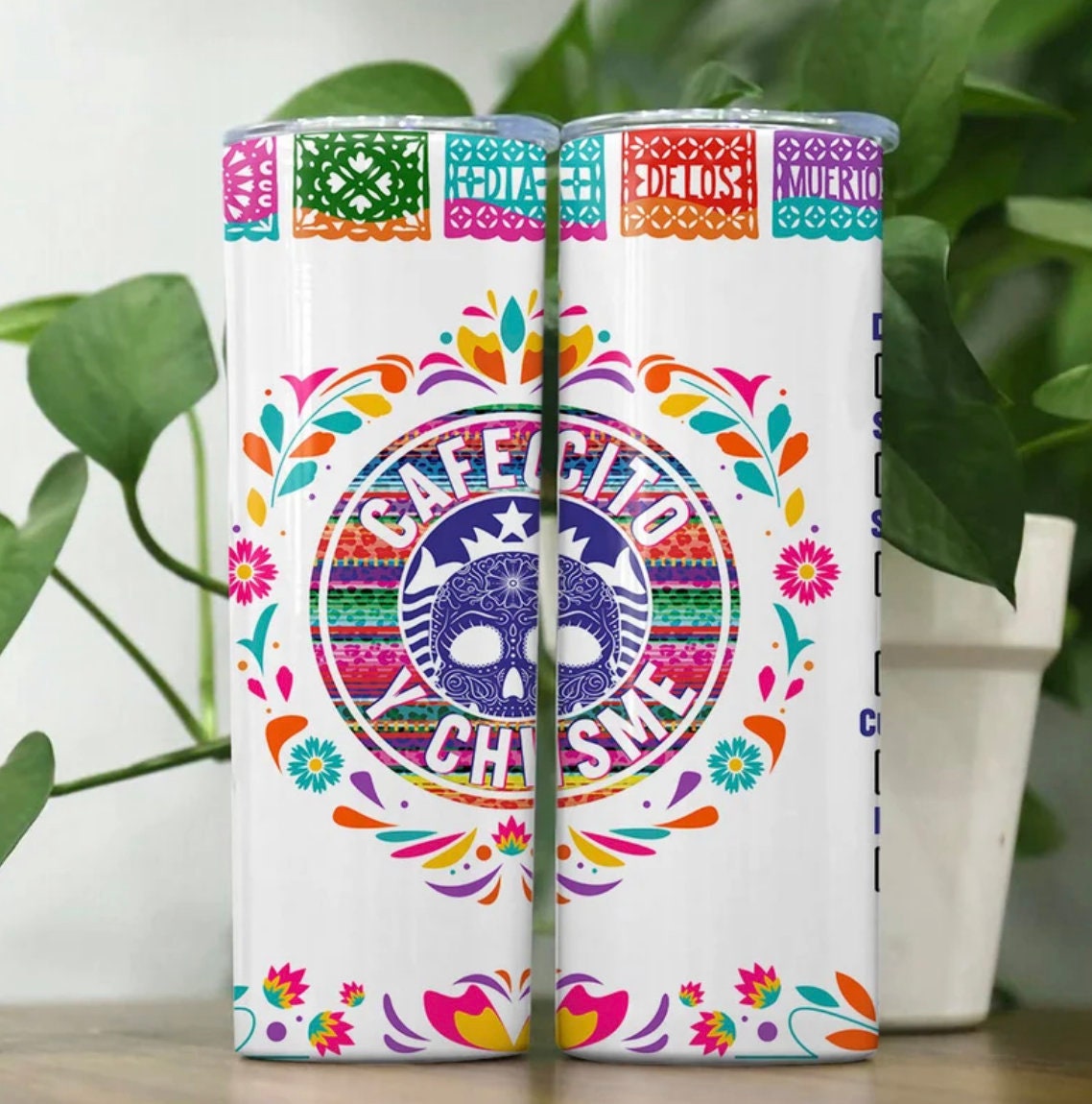 Cafecito and Chisme Papel Picada 20 oz Steel Tumbler with Plastic Straw