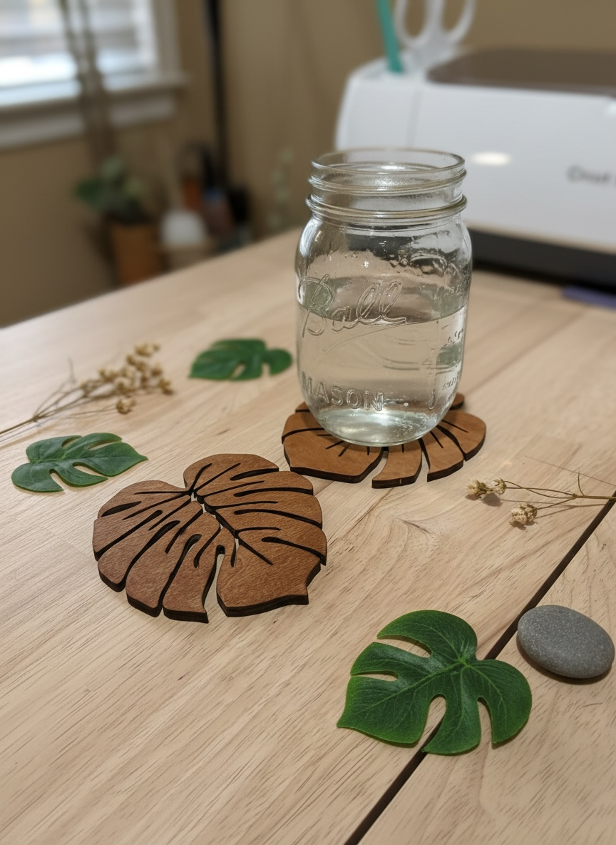 Monstera Leaf Wooden Coaster Set