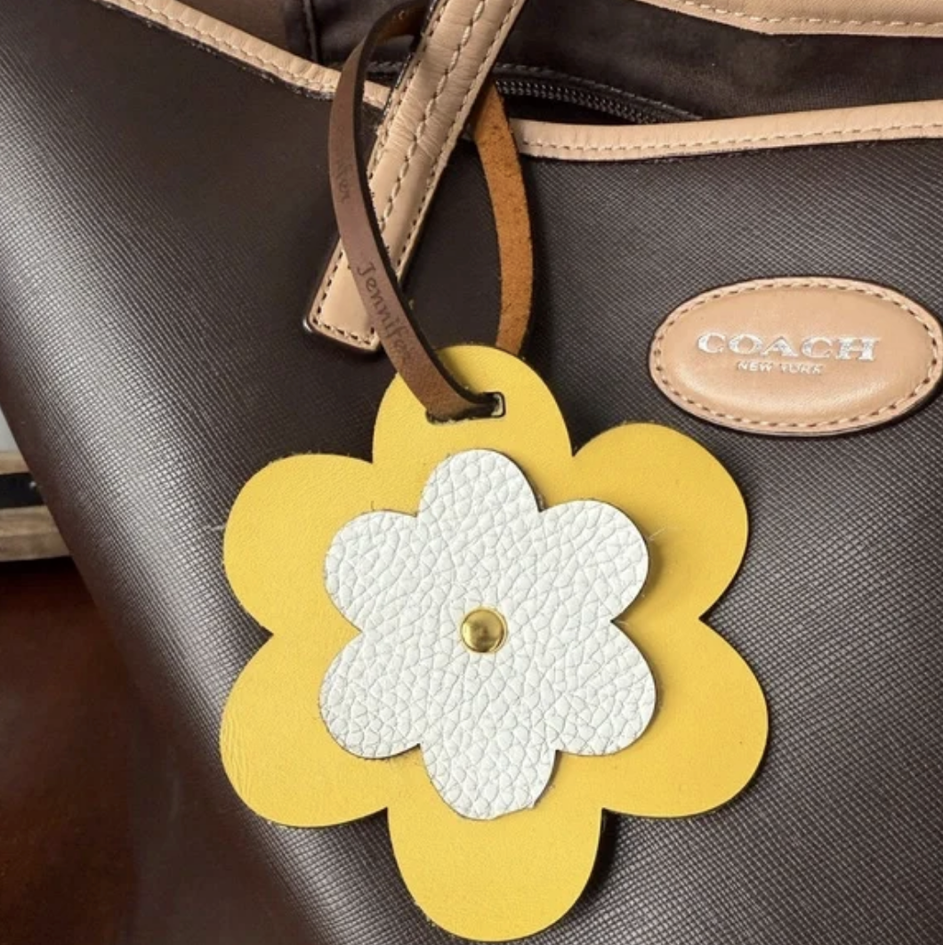 Yellow Daisy Flower Leather Bag Tag Charm