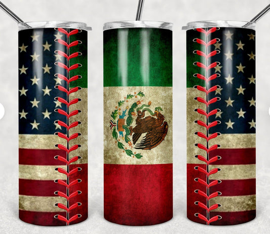 Mexican USA Bandera Flag Baseball Tumbler